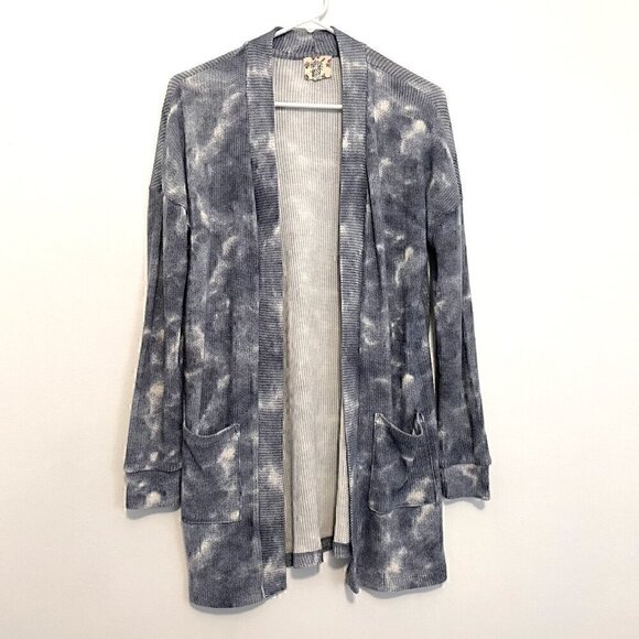 HIPPIE ROSE Blue Tie Dye Ribbed Knit Open Long Sleeve Boho Long Cardigan Sweater - Picture 1 of 13